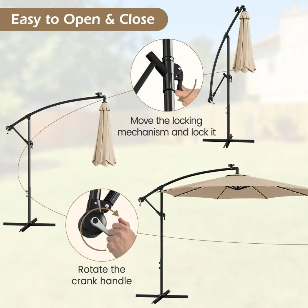 10 Feet Patio Offset Umbrella with 112 Solar-Powered LED Lights-Beige-Beige - Beige - Outdoor Umbrellas