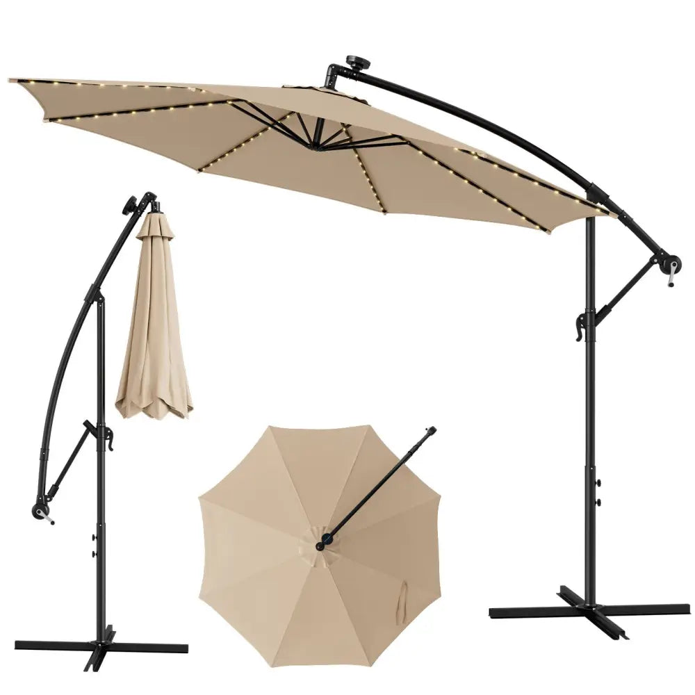 10 Feet Patio Offset Umbrella with 112 Solar-Powered LED Lights-Beige-Beige - Beige - Outdoor Umbrellas