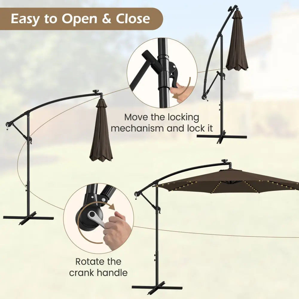 10 Feet Patio Offset Umbrella with 112 Solar-Powered LED Lights-Beige-Coffee - Coffee - Outdoor Umbrellas