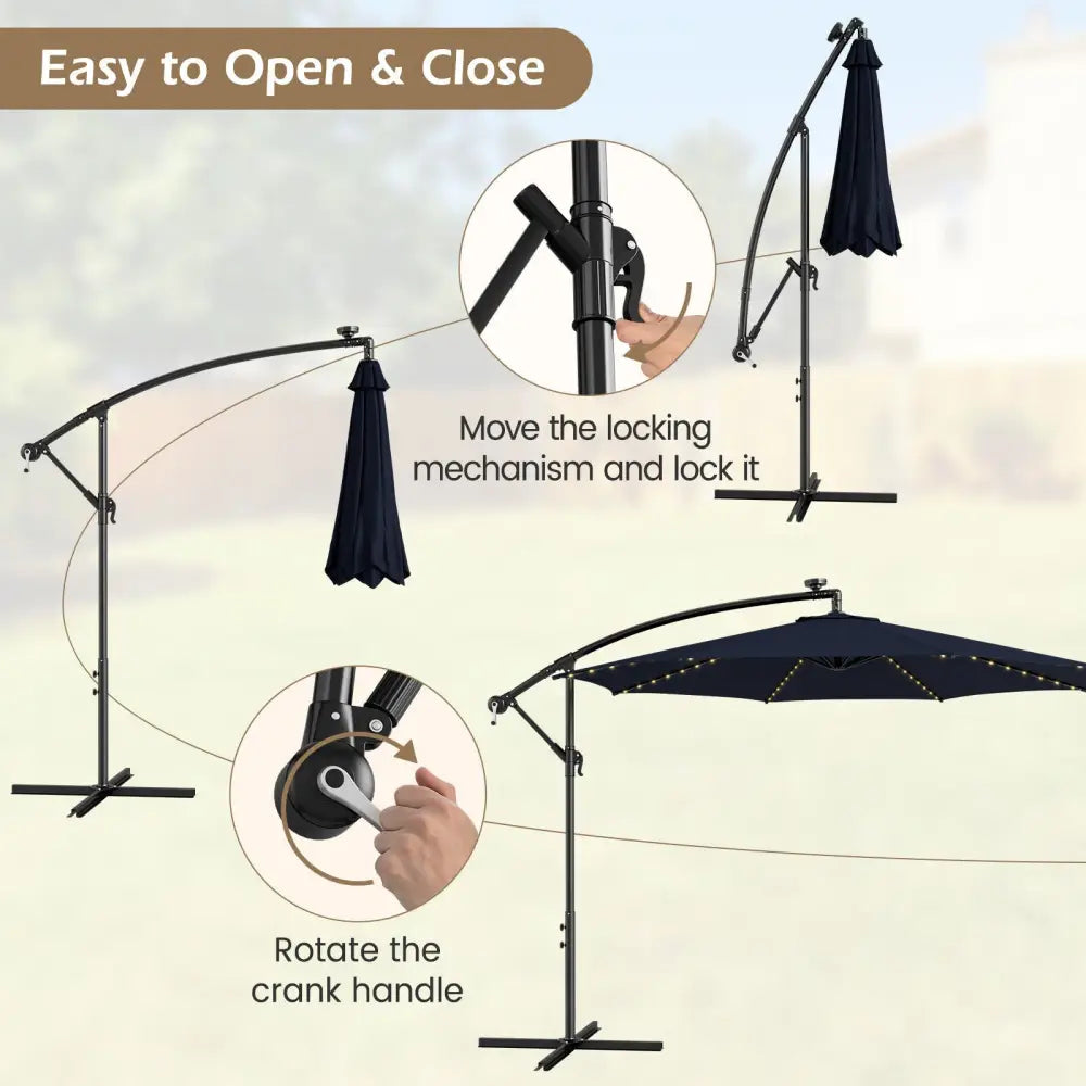 10 Feet Patio Offset Umbrella with 112 Solar-Powered LED Lights-Beige-Navy - Navy - Outdoor Umbrellas