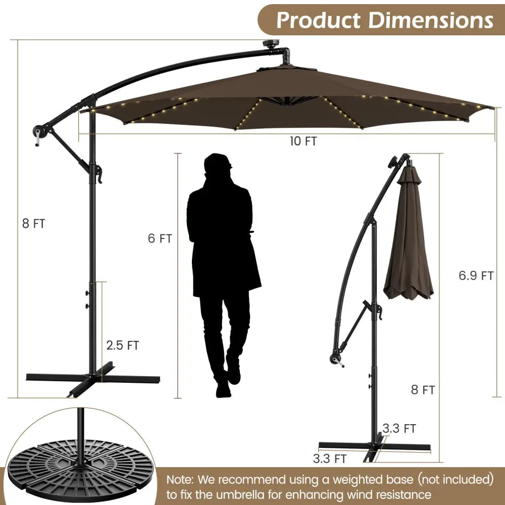 10 Feet Patio Offset Umbrella with 112 Solar-Powered LED Lights-Beige-Coffee - Coffee - Outdoor Umbrellas
