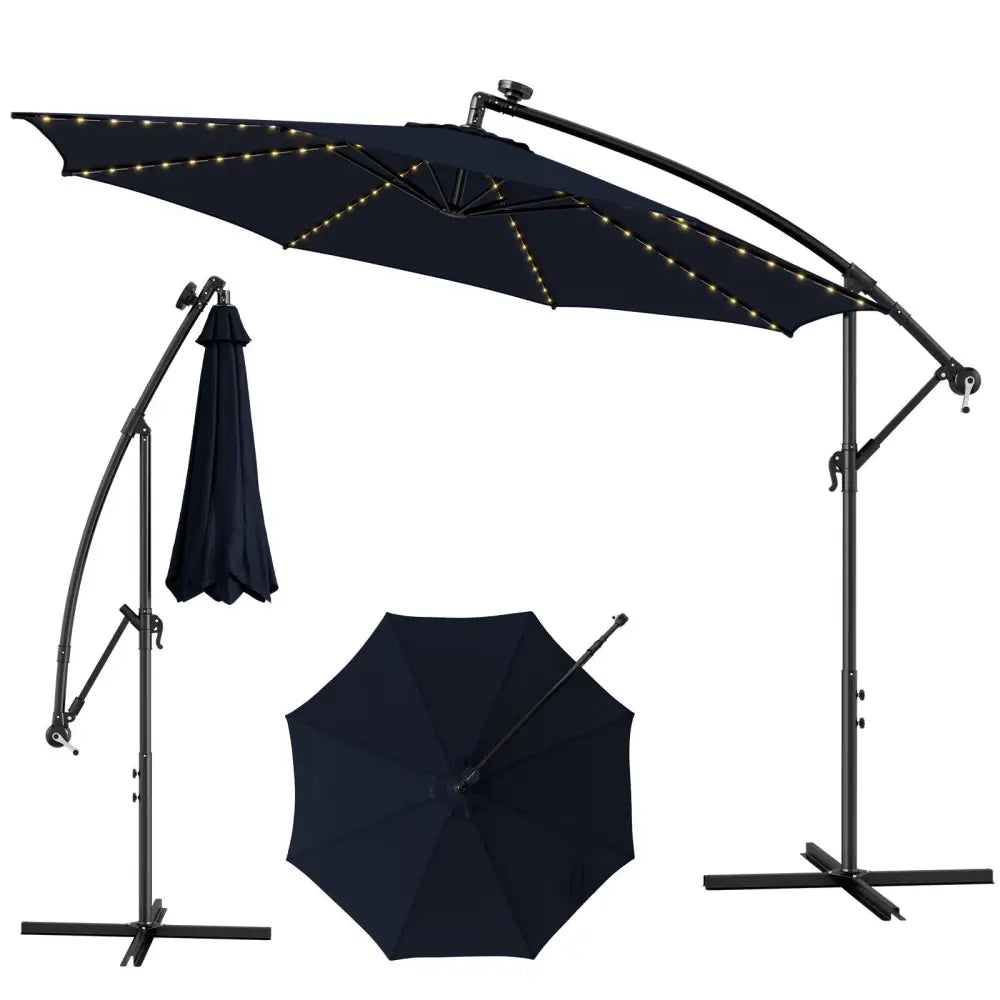 10 Feet Patio Offset Umbrella with 112 Solar-Powered LED Lights-Beige-Navy - Navy - Outdoor Umbrellas