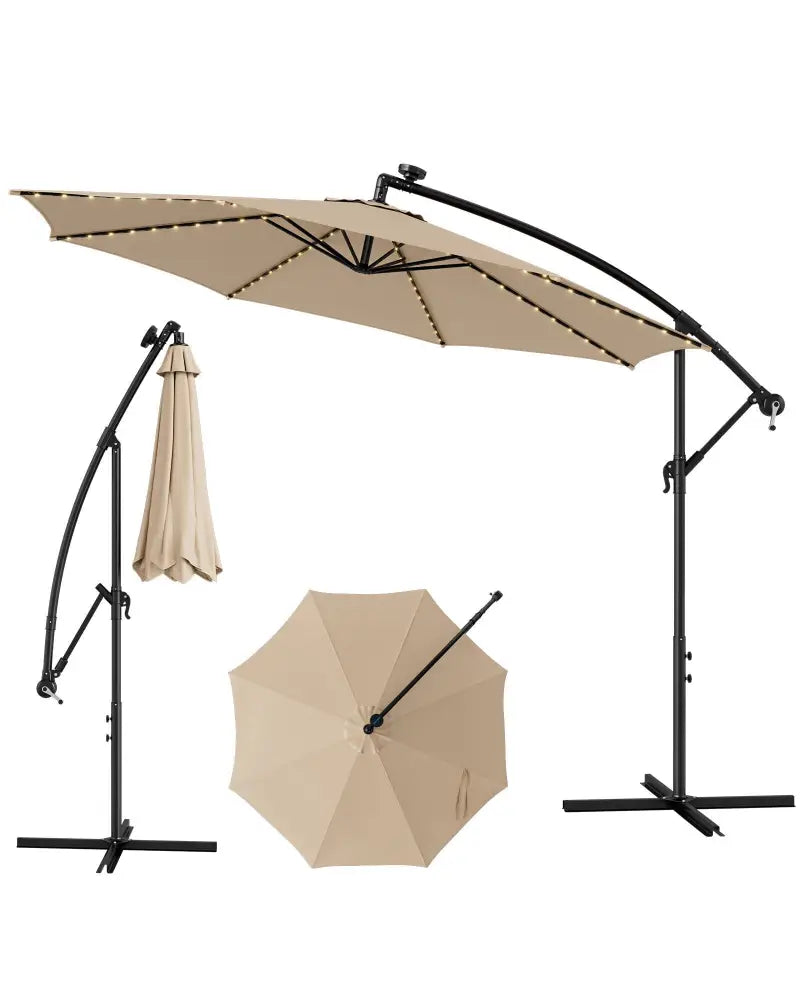 10 Feet Patio Offset Umbrella with 112 Solar-Powered LED Lights-Beige-Beige - Beige - Outdoor Umbrellas