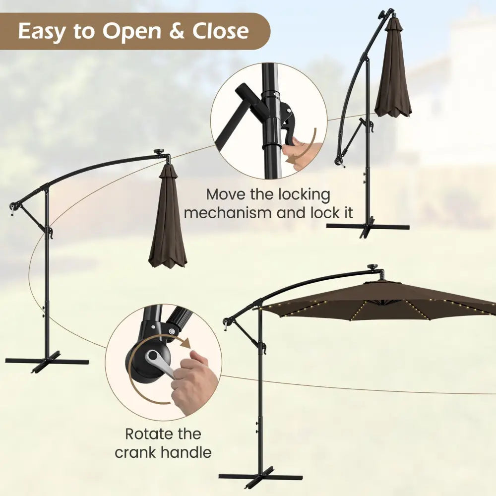 10 Feet Patio Offset Umbrella with 112 Solar-Powered LED Lights-Beige-Coffee - Coffee - Outdoor Umbrellas