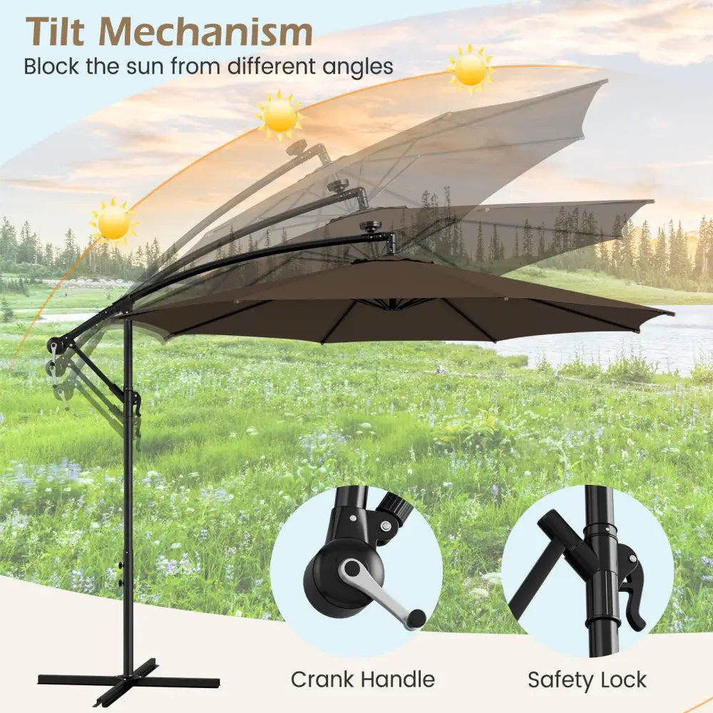10 Feet Patio Offset Umbrella with 112 Solar-Powered LED Lights-Beige-Coffee - Coffee - Outdoor Umbrellas