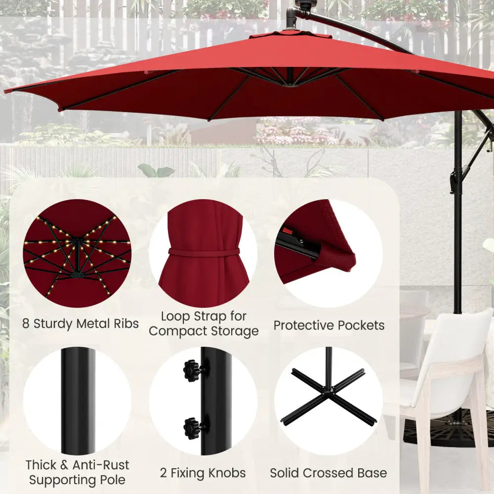 10 Feet Patio Offset Umbrella with 112 Solar-Powered LED Lights-Beige-Wine - Wine - Outdoor Umbrellas
