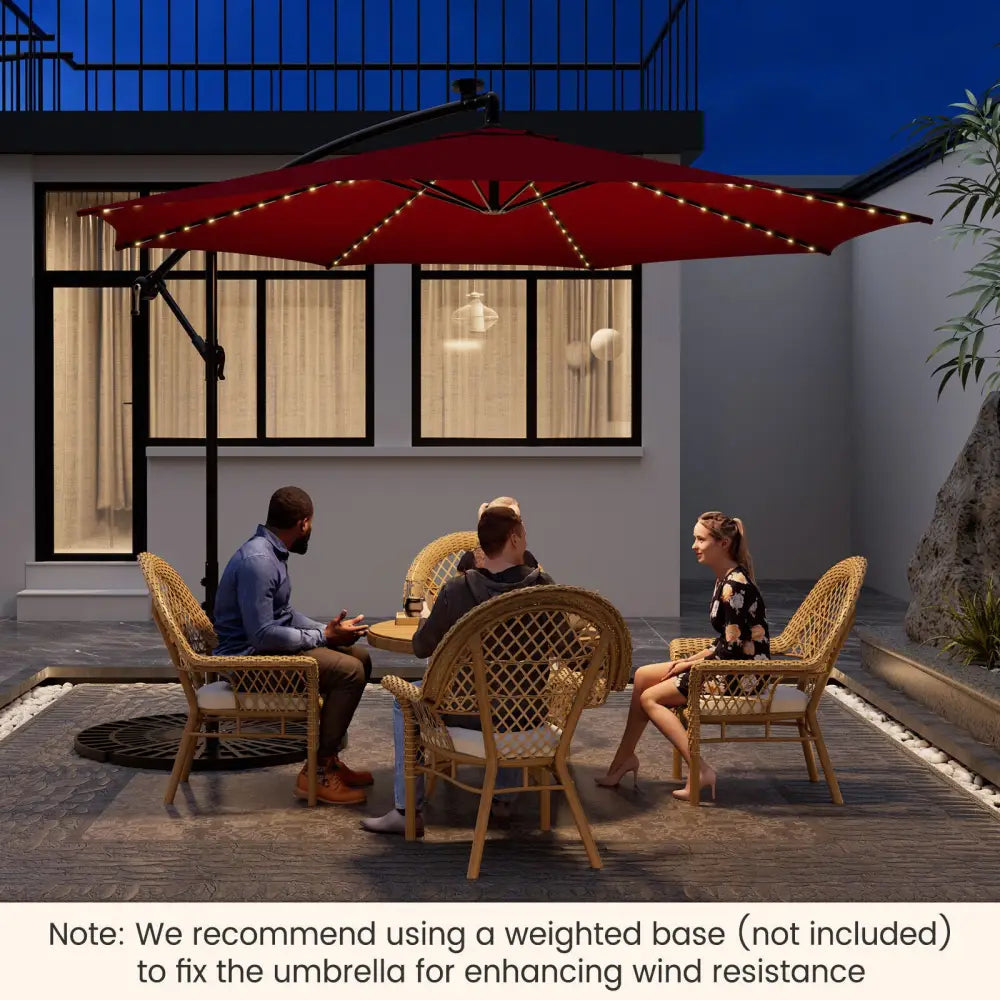 10 Feet Patio Offset Umbrella with 112 Solar-Powered LED Lights-Beige-Wine - Wine - Outdoor Umbrellas