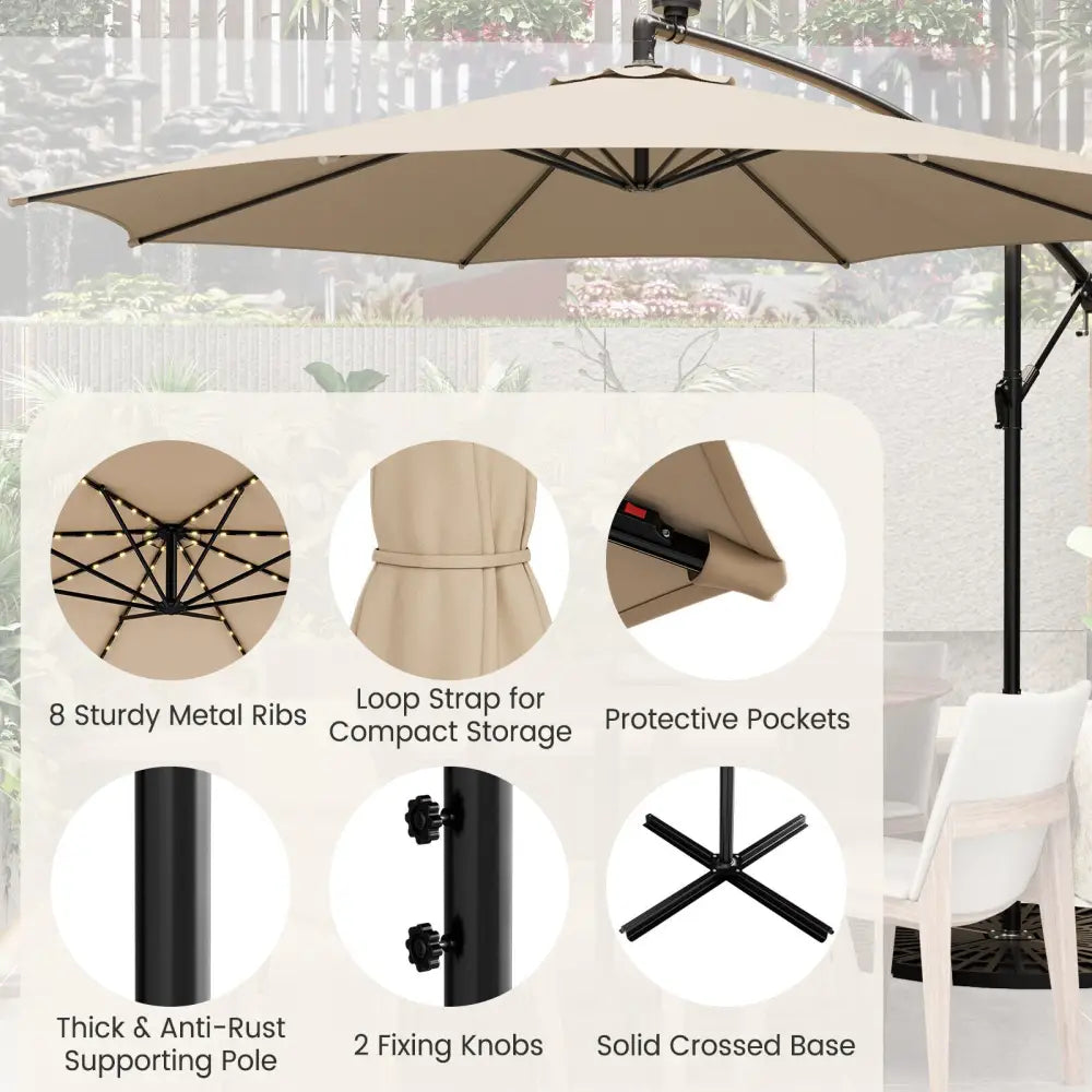 10 Feet Patio Offset Umbrella with 112 Solar-Powered LED Lights-Beige-Beige - Beige - Outdoor Umbrellas