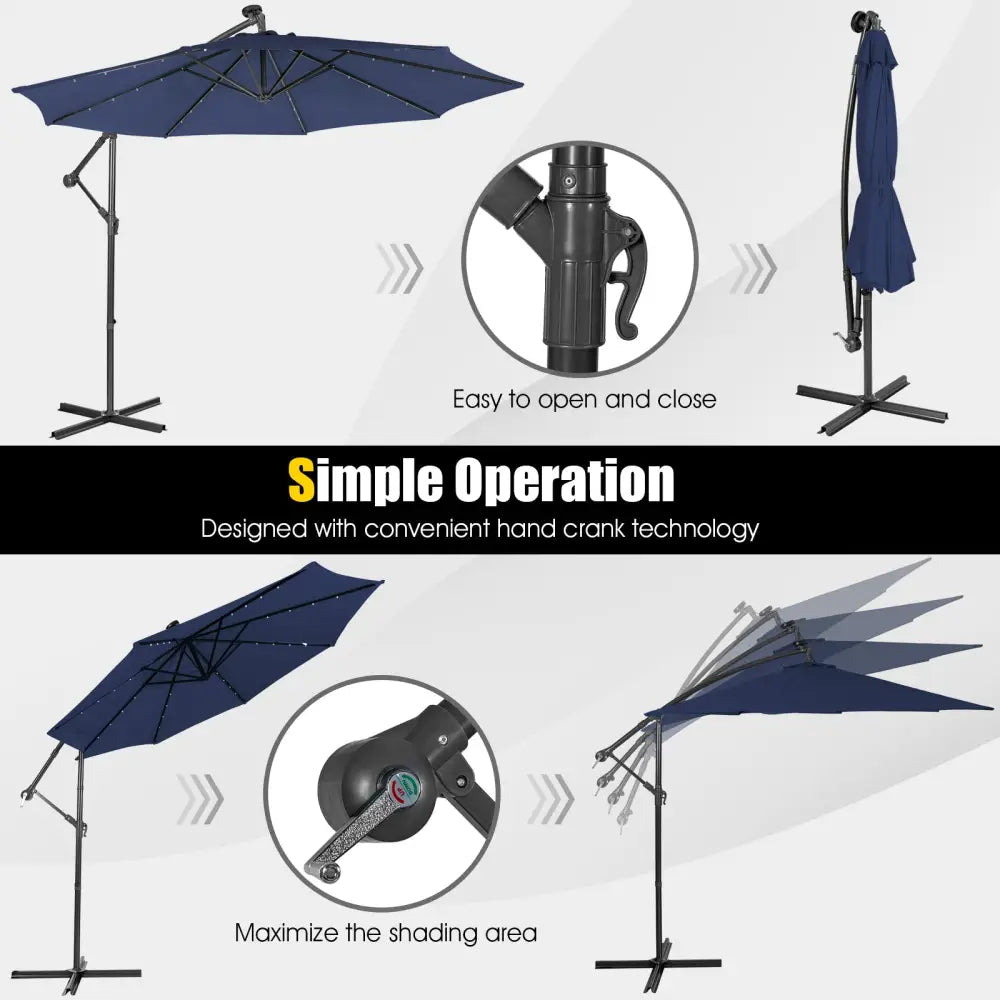 10 Feet Patio Solar Powered Cantilever Umbrella with Tilting System-Navy - Navy - Outdoor Umbrellas