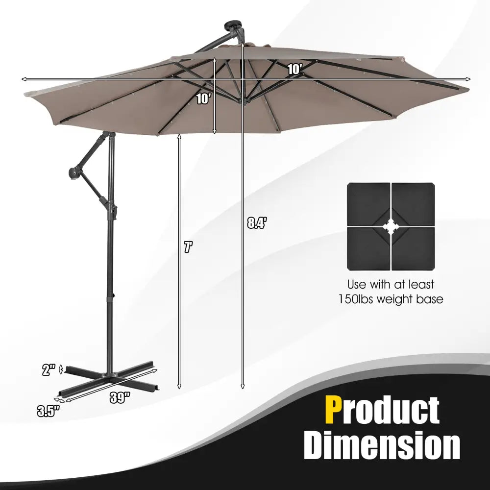 10 Feet Patio Solar Powered Cantilever Umbrella with Tilting System-Coffee - Brown - Outdoor Umbrellas