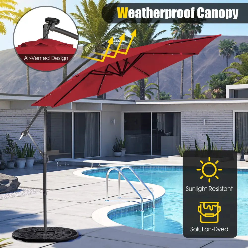 10 Feet Patio Solar Powered Cantilever Umbrella with Tilting System-Wine - Red - Outdoor Umbrellas