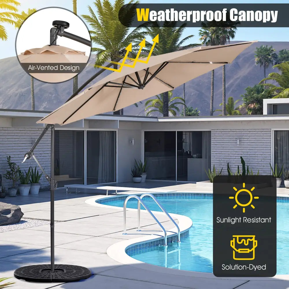 10 Feet Patio Solar Powered Cantilever Umbrella with Tilting System-Beige - Beige - Outdoor Umbrellas