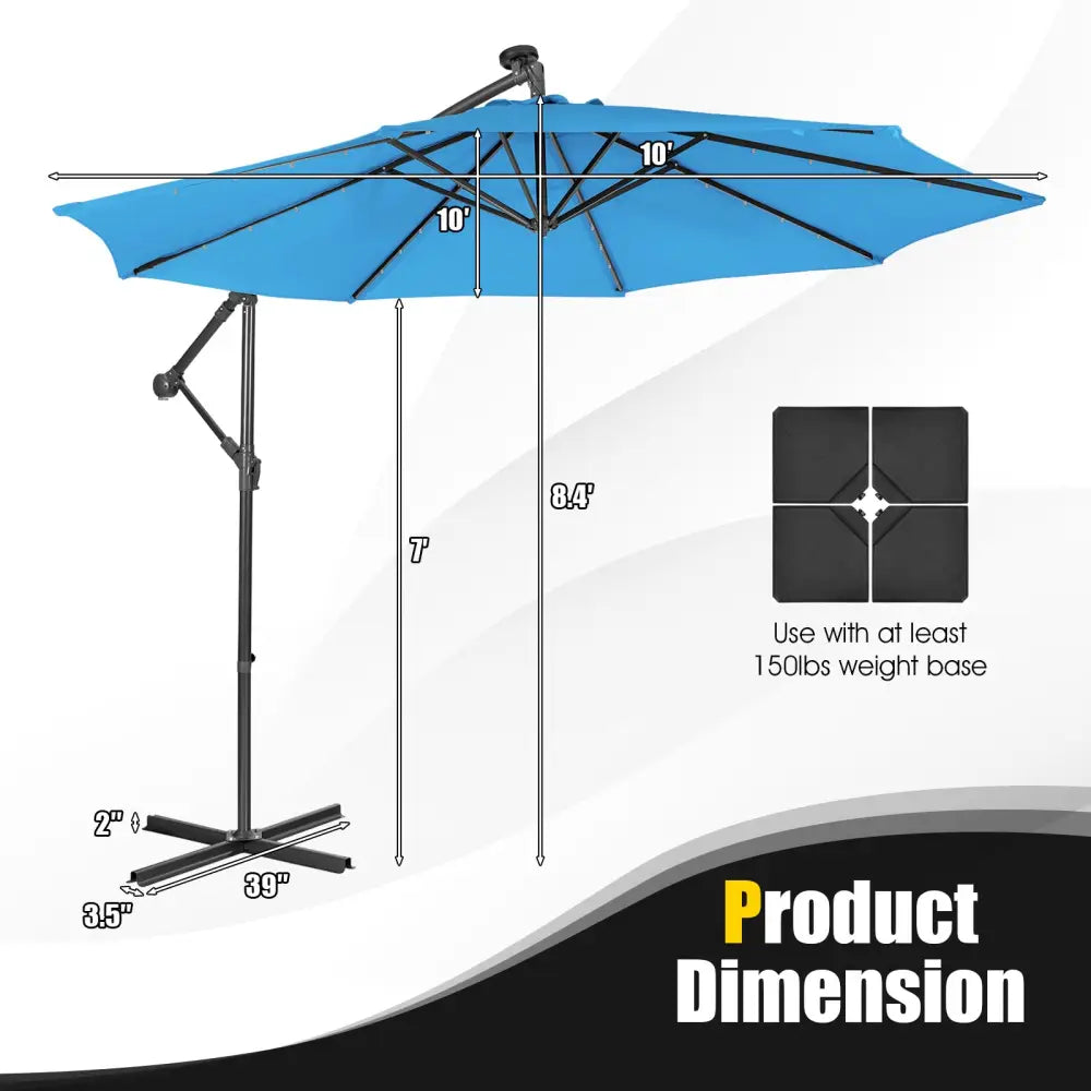10 Feet Patio Solar Powered Cantilever Umbrella with Tilting System-Blue - Blue - Outdoor Umbrellas