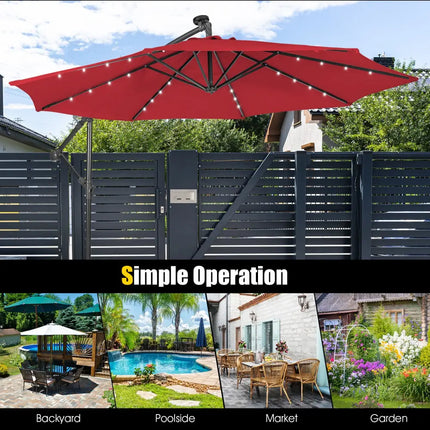 10 Feet Patio Solar Powered Cantilever Umbrella with Tilting System-Wine - Red - Outdoor Umbrellas