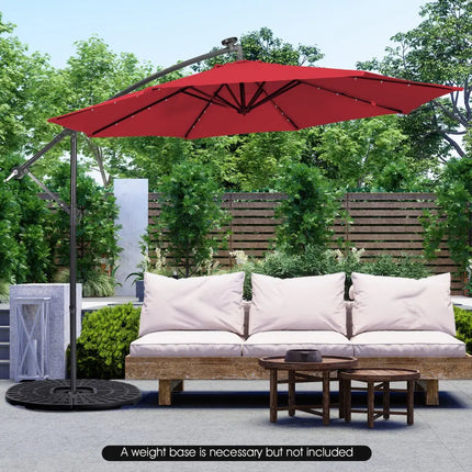 10 Feet Patio Solar Powered Cantilever Umbrella with Tilting System-Wine - Red - Outdoor Umbrellas