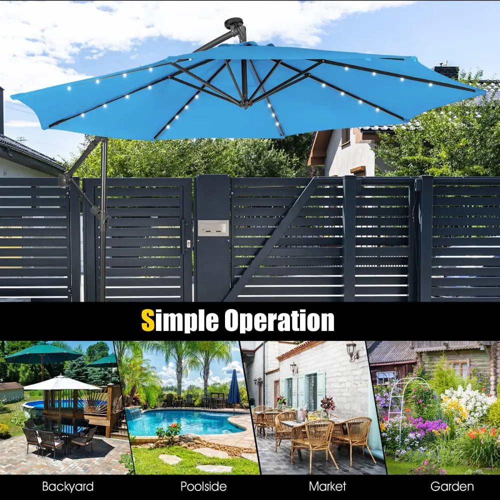 10 Feet Patio Solar Powered Cantilever Umbrella with Tilting System-Blue - Blue - Outdoor Umbrellas