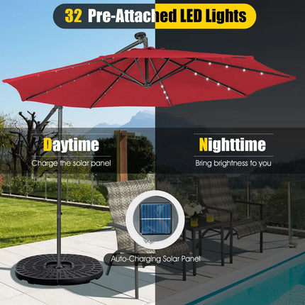 10 Feet Patio Solar Powered Cantilever Umbrella with Tilting System-Wine - Red - Outdoor Umbrellas