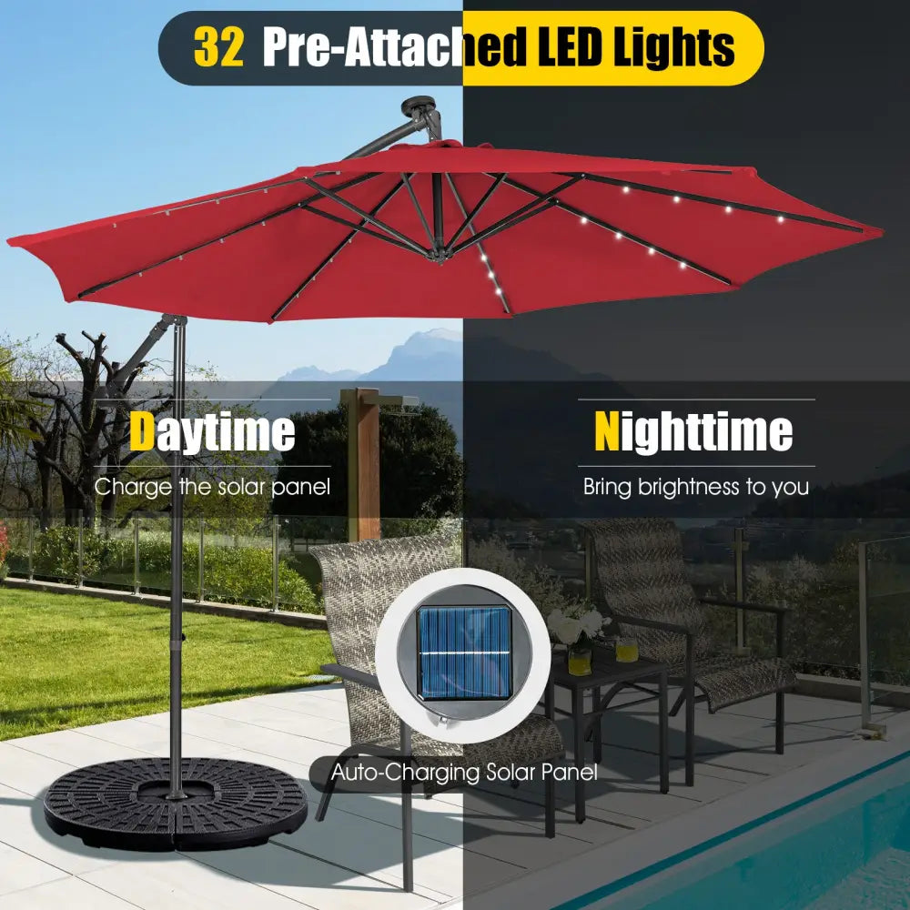 10 Feet Patio Solar Powered Cantilever Umbrella with Tilting System-Wine - Red - Outdoor Umbrellas