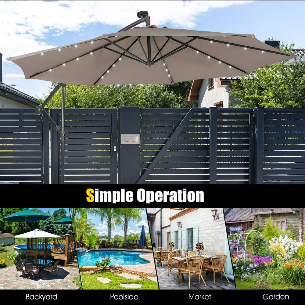 10 Feet Patio Solar Powered Cantilever Umbrella with Tilting System-Coffee - Brown - Outdoor Umbrellas