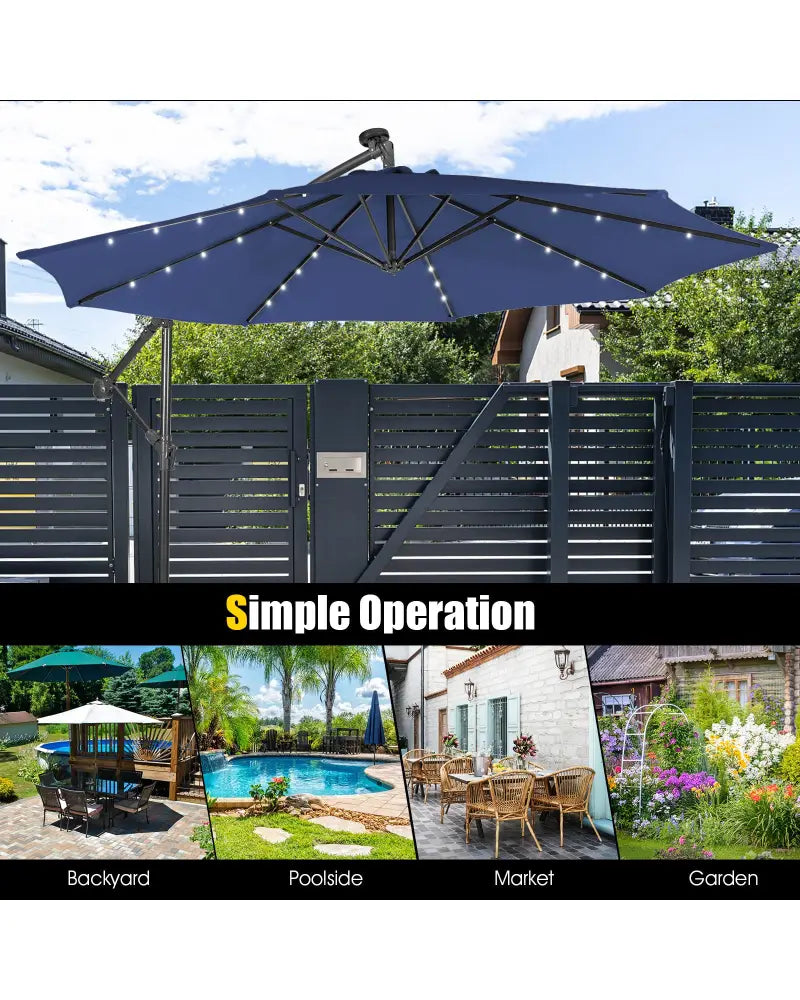 10 Feet Patio Solar Powered Cantilever Umbrella with Tilting System-Navy - Navy - Outdoor Umbrellas