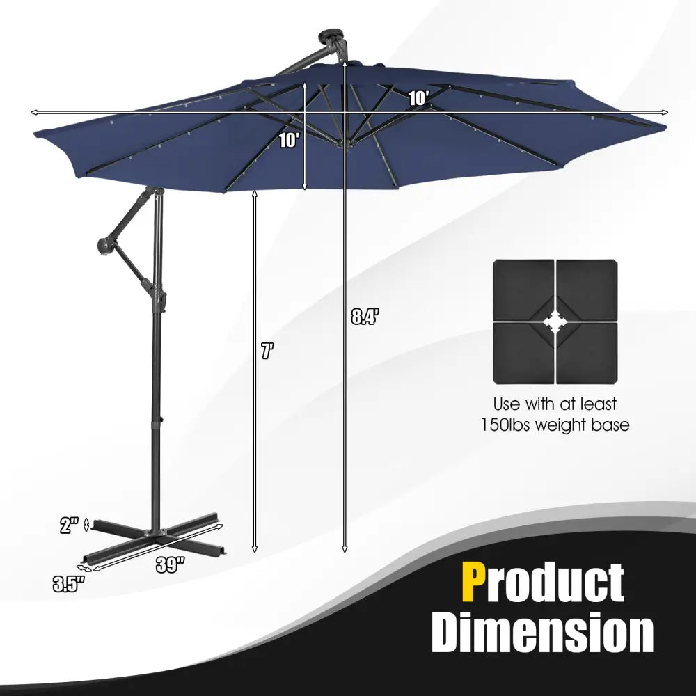 10 Feet Patio Solar Powered Cantilever Umbrella with Tilting System-Navy - Navy - Outdoor Umbrellas