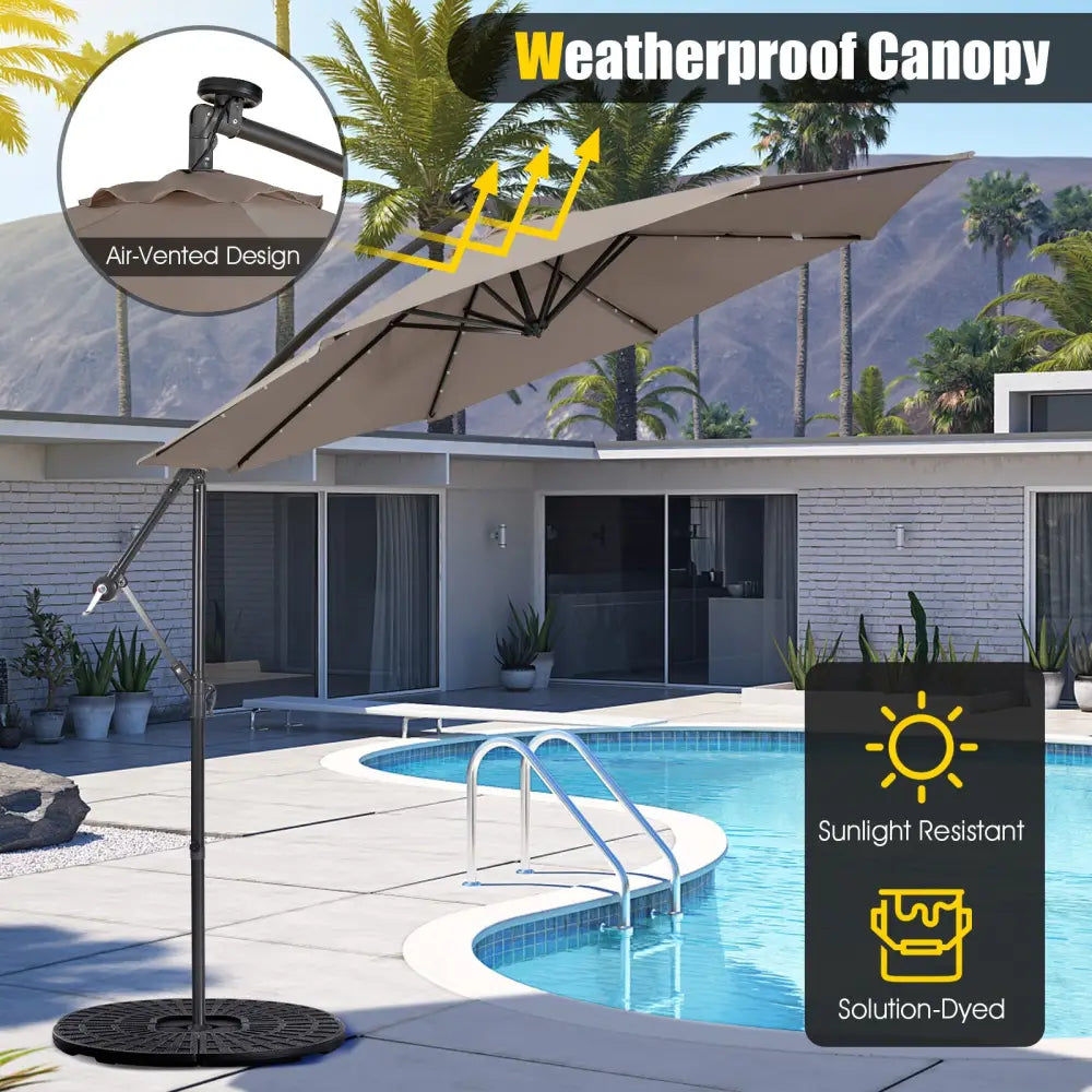 10 Feet Patio Solar Powered Cantilever Umbrella with Tilting System-Coffee - Brown - Outdoor Umbrellas