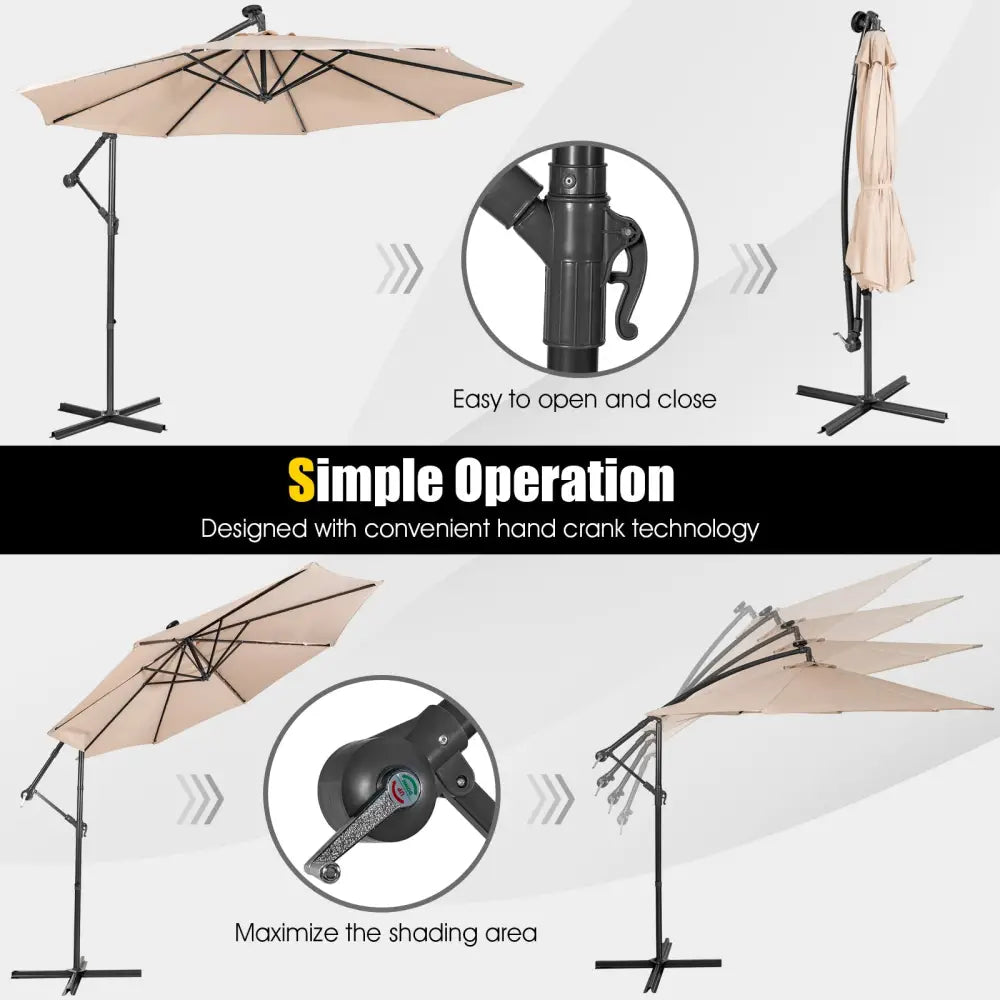 10 Feet Patio Solar Powered Cantilever Umbrella with Tilting System-Beige - Beige - Outdoor Umbrellas