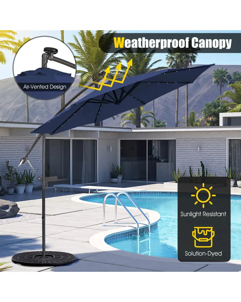 10 Feet Patio Solar Powered Cantilever Umbrella with Tilting System-Navy - Navy - Outdoor Umbrellas