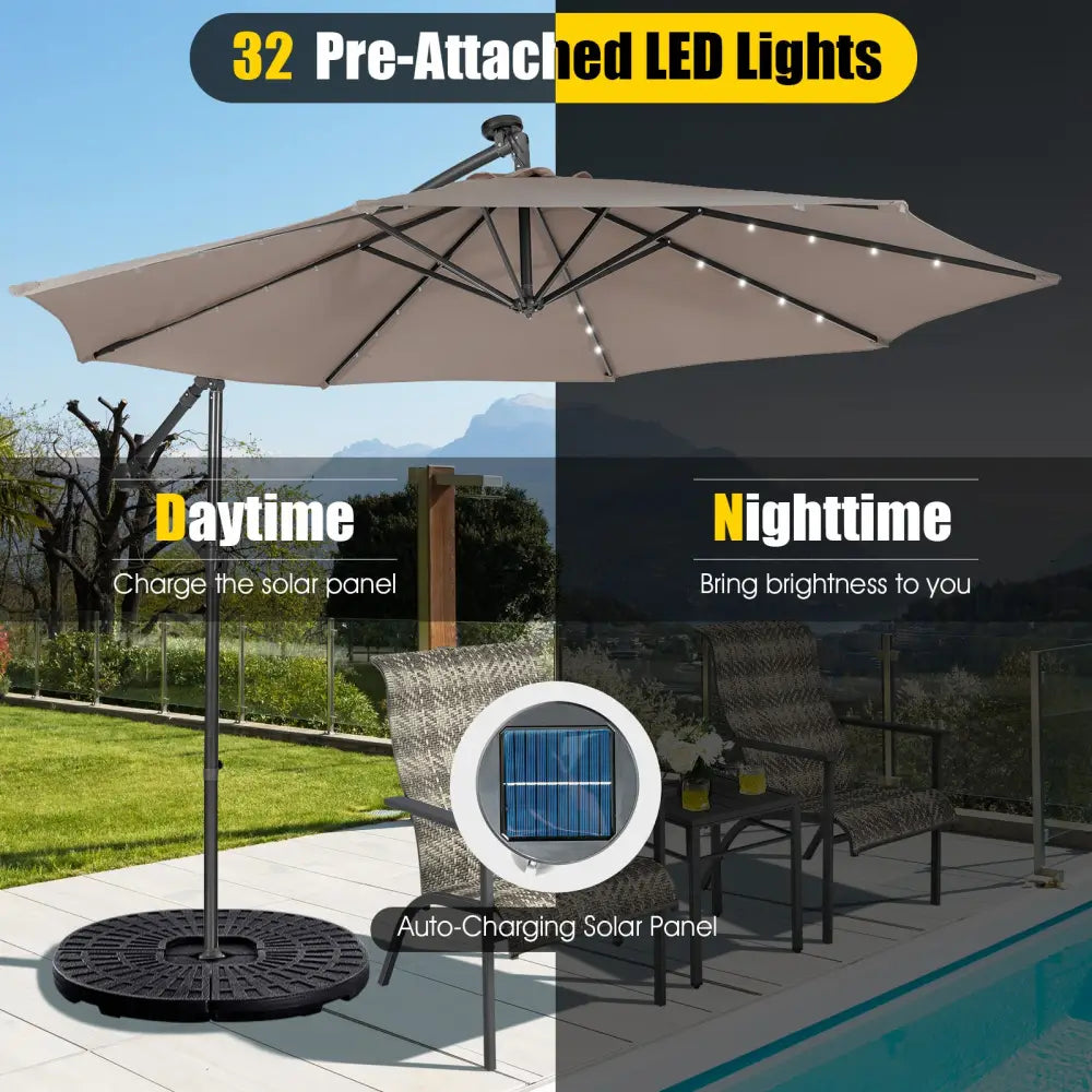10 Feet Patio Solar Powered Cantilever Umbrella with Tilting System-Coffee - Brown - Outdoor Umbrellas