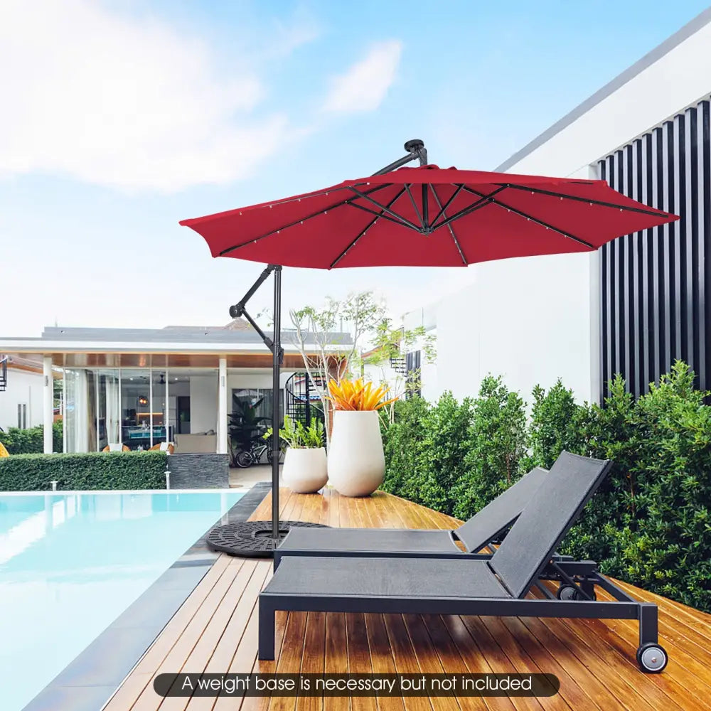 10 Feet Patio Solar Powered Cantilever Umbrella with Tilting System-Wine - Red - Outdoor Umbrellas