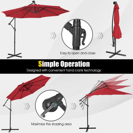 10 Feet Patio Solar Powered Cantilever Umbrella with Tilting System-Wine - Red - Outdoor Umbrellas
