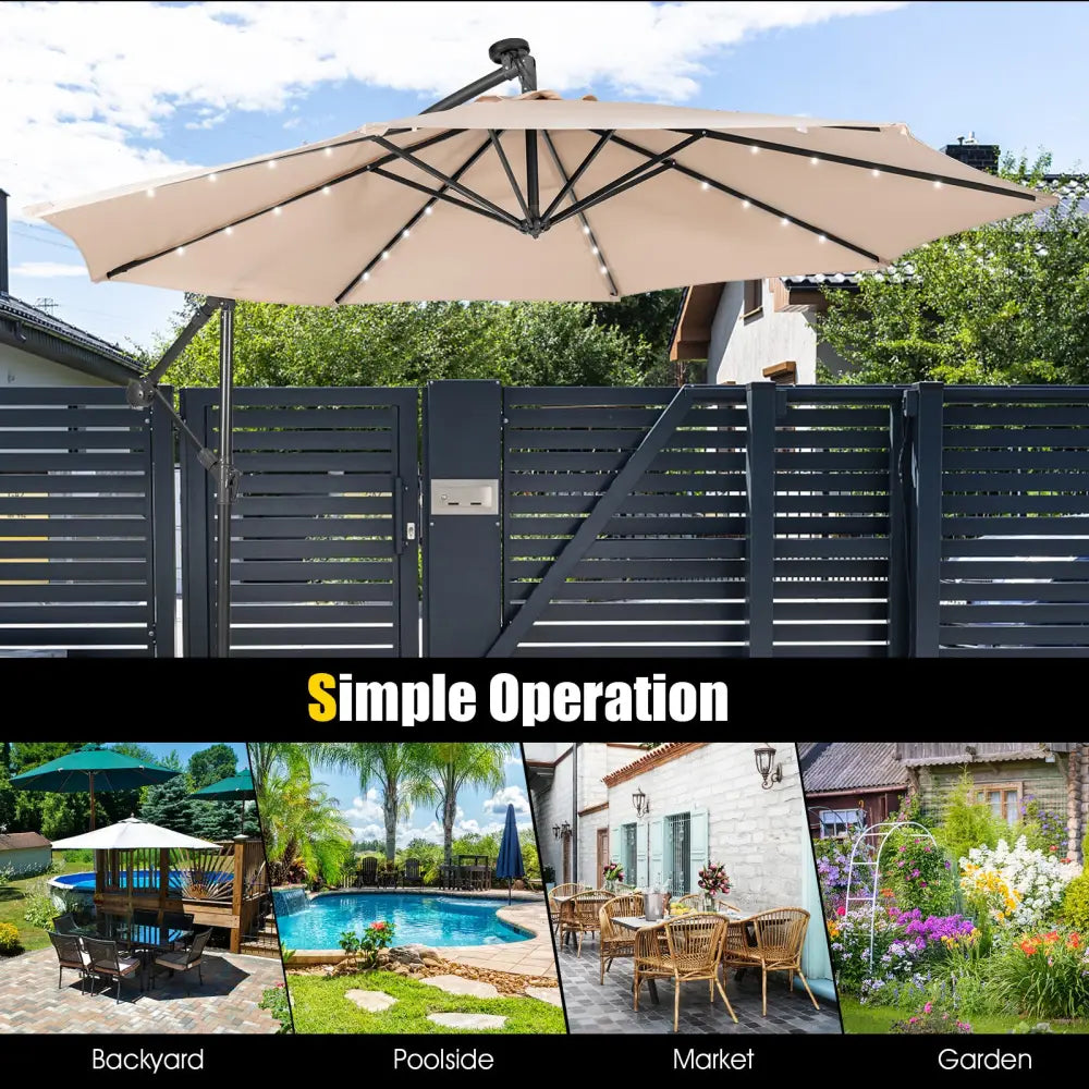 10 Feet Patio Solar Powered Cantilever Umbrella with Tilting System-Beige - Beige - Outdoor Umbrellas