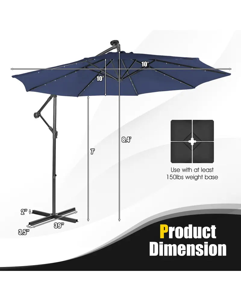 10 Feet Patio Solar Powered Cantilever Umbrella with Tilting System-Navy - Navy - Outdoor Umbrellas