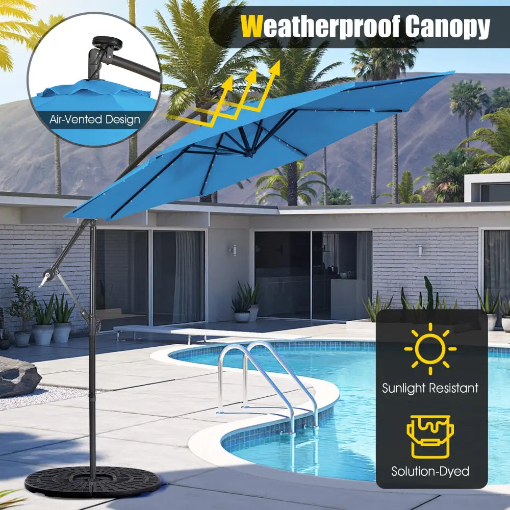 10 Feet Patio Solar Powered Cantilever Umbrella with Tilting System-Blue - Blue - Outdoor Umbrellas