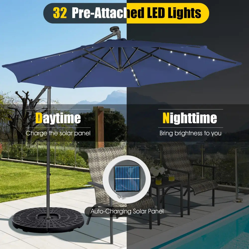 10 Feet Patio Solar Powered Cantilever Umbrella with Tilting System-Navy - Navy - Outdoor Umbrellas