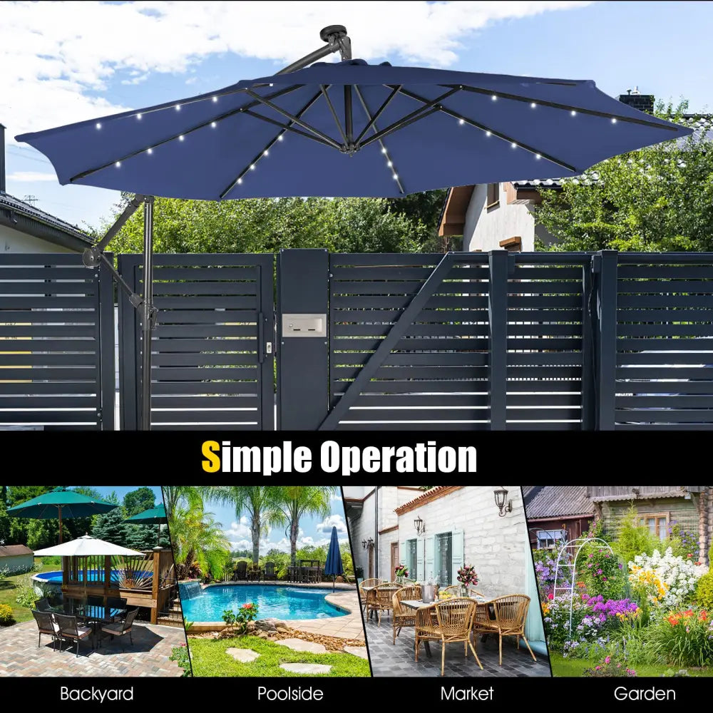 10 Feet Patio Solar Powered Cantilever Umbrella with Tilting System-Navy - Navy - Outdoor Umbrellas