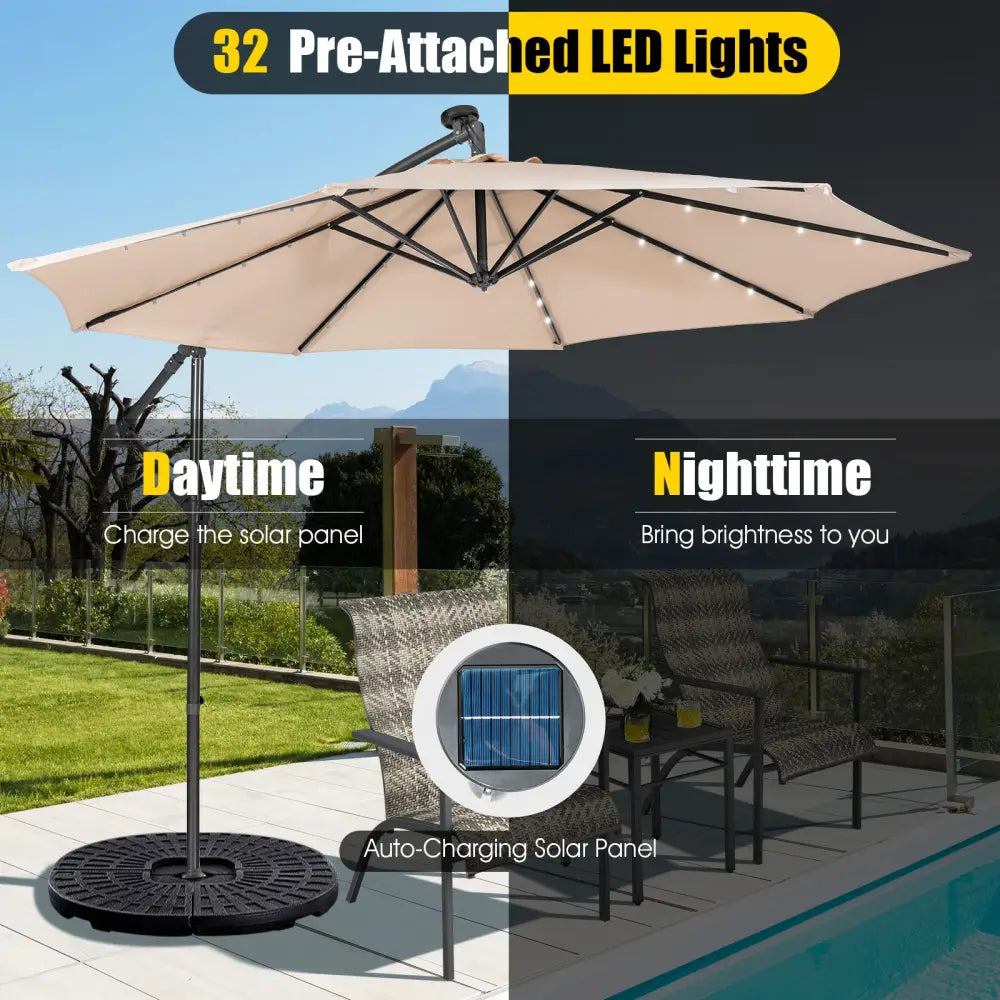 10 Feet Patio Solar Powered Cantilever Umbrella with Tilting System-Beige - Beige - Outdoor Umbrellas