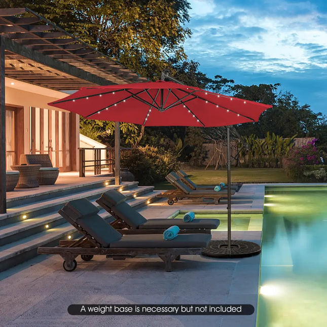 10 Feet Patio Solar Powered Cantilever Umbrella with Tilting System-Wine - Red - Outdoor Umbrellas