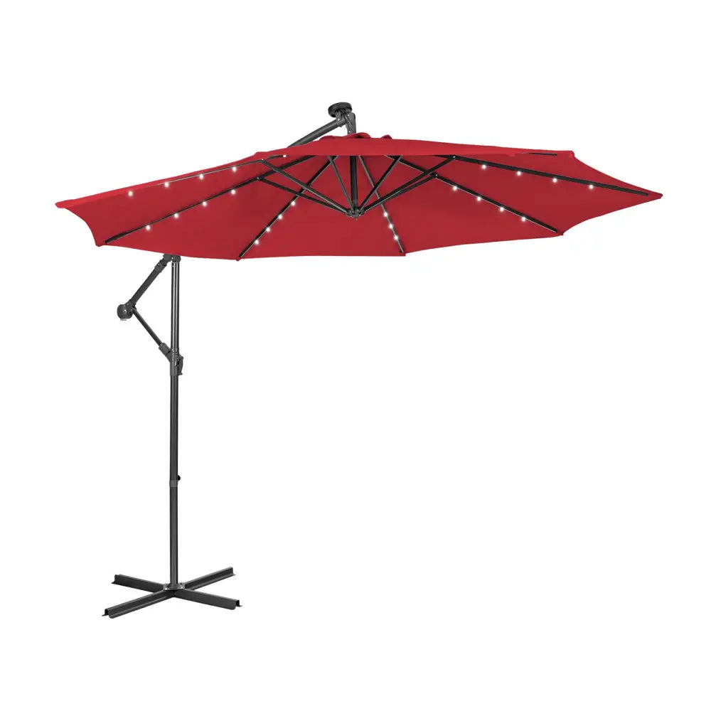 10 Feet Patio Solar Powered Cantilever Umbrella with Tilting System-Wine - Red - Outdoor Umbrellas