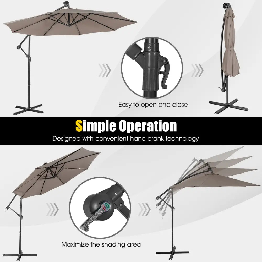 10 Feet Patio Solar Powered Cantilever Umbrella with Tilting System-Coffee - Brown - Outdoor Umbrellas