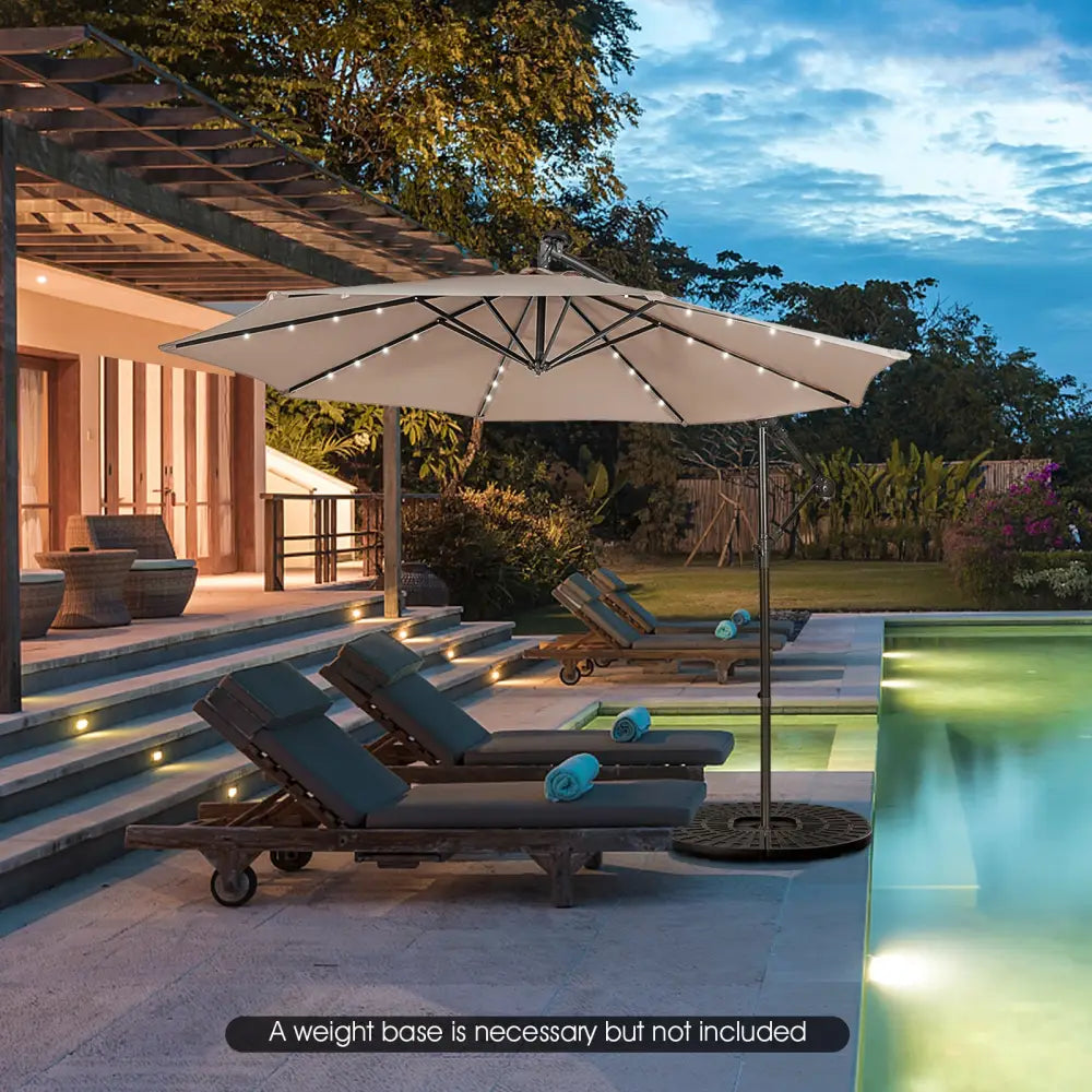 10 Feet Patio Solar Powered Cantilever Umbrella with Tilting System-Coffee - Brown - Outdoor Umbrellas
