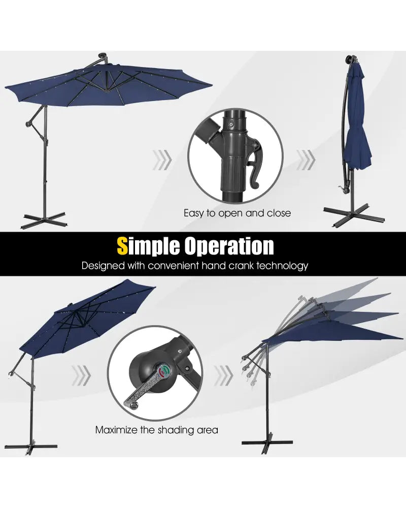 10 Feet Patio Solar Powered Cantilever Umbrella with Tilting System-Navy - Navy - Outdoor Umbrellas