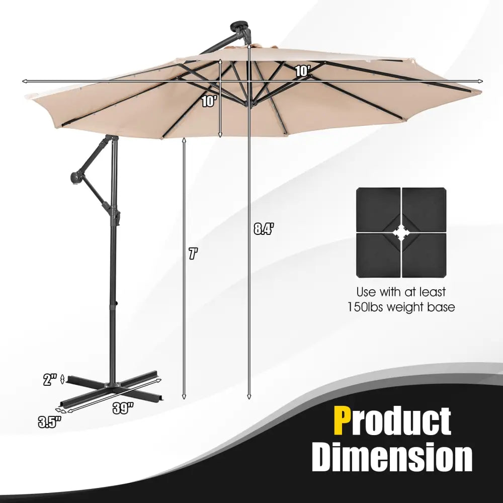 10 Feet Patio Solar Powered Cantilever Umbrella with Tilting System-Beige - Beige - Outdoor Umbrellas