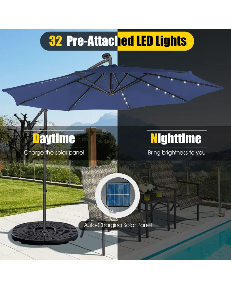 10 Feet Patio Solar Powered Cantilever Umbrella with Tilting System-Navy - Navy - Outdoor Umbrellas