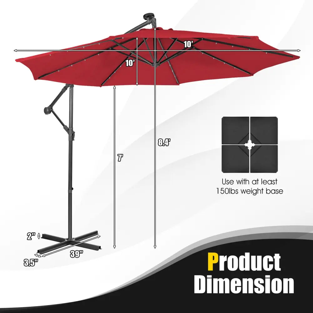 10 Feet Patio Solar Powered Cantilever Umbrella with Tilting System-Wine - Red - Outdoor Umbrellas