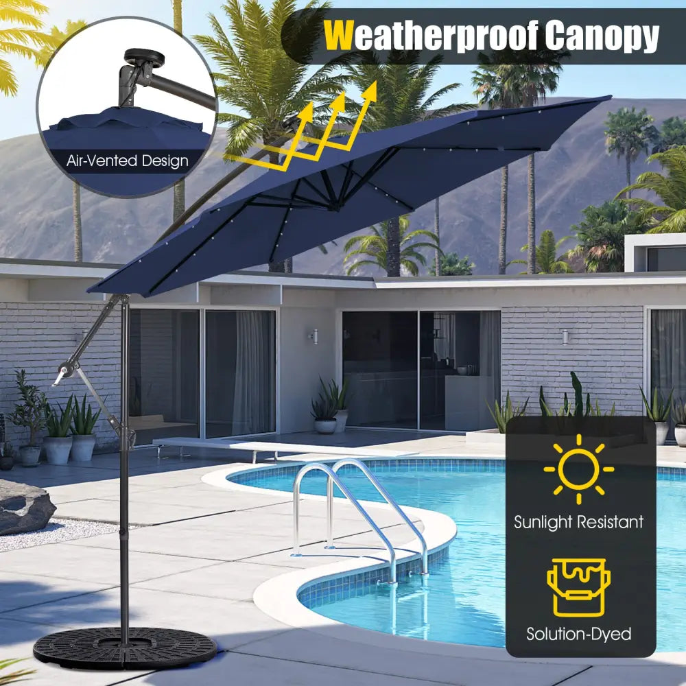 10 Feet Patio Solar Powered Cantilever Umbrella with Tilting System-Navy - Navy - Outdoor Umbrellas