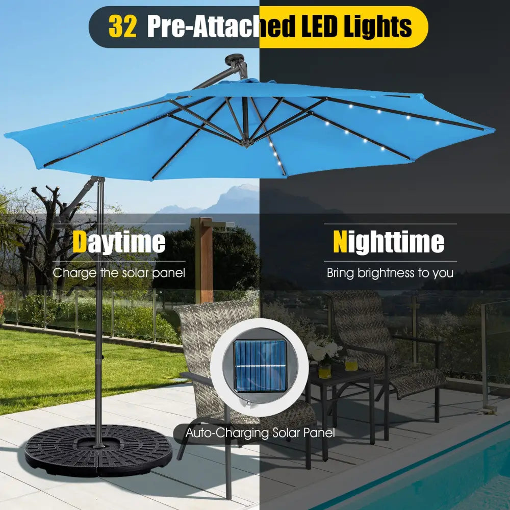 10 Feet Patio Solar Powered Cantilever Umbrella with Tilting System-Blue - Blue - Outdoor Umbrellas