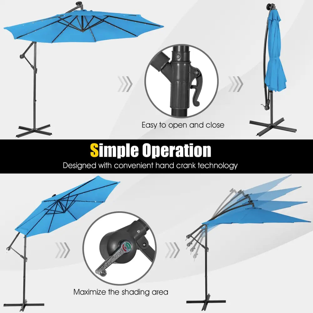 10 Feet Patio Solar Powered Cantilever Umbrella with Tilting System-Blue - Blue - Outdoor Umbrellas