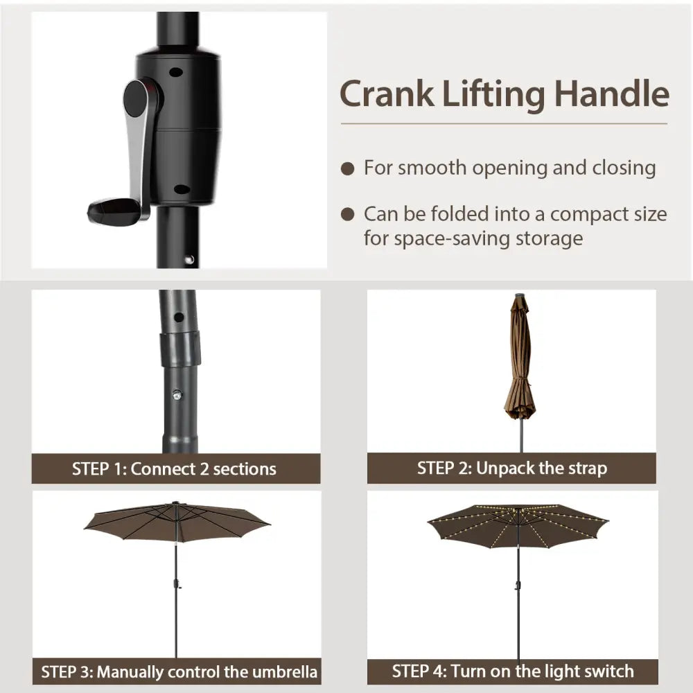 10 Feet Patio Umbrella with 112 Solar Lights and Crank Handle-Coffee - Coffee - Outdoor Umbrellas