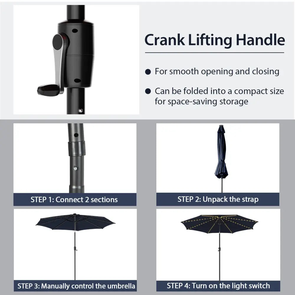 10 Feet Patio Umbrella with 112 Solar Lights and Crank Handle-Navy - Navy - Outdoor Umbrellas